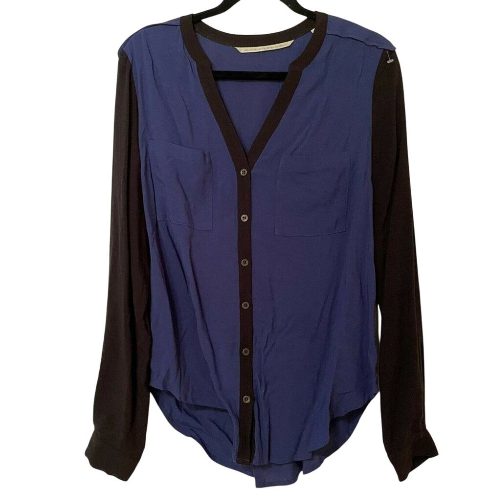 Twelfth Street Cynthia Vincent Blue Black Blouse Womens M Preppy Button Front